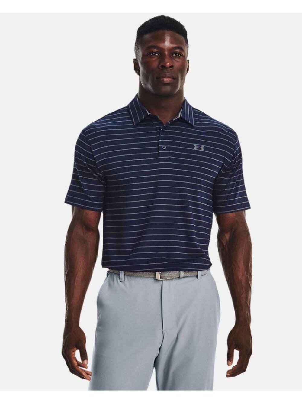NWT Under Armour Playoff Core Stripe Men’s Golf Polo Size Medium Navy Pitch Gray